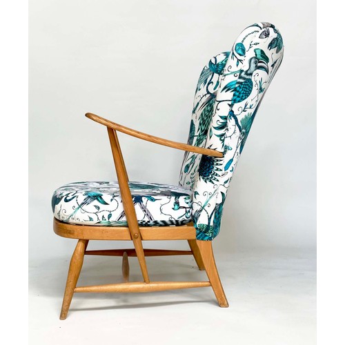 274 - ERCOL ARMCHAIRS, a pair, 1960s solid elm framed, later with jade green Birds of Paradise printed uph... 