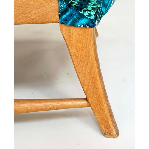 274 - ERCOL ARMCHAIRS, a pair, 1960s solid elm framed, later with jade green Birds of Paradise printed uph... 