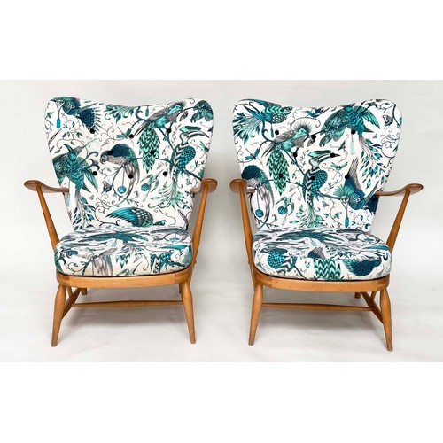 274 - ERCOL ARMCHAIRS, a pair, 1960s solid elm framed, later with jade green Birds of Paradise printed uph... 