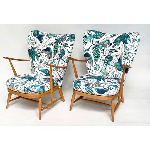 274 - ERCOL ARMCHAIRS, a pair, 1960s solid elm framed, later with jade green Birds of Paradise printed uph... 