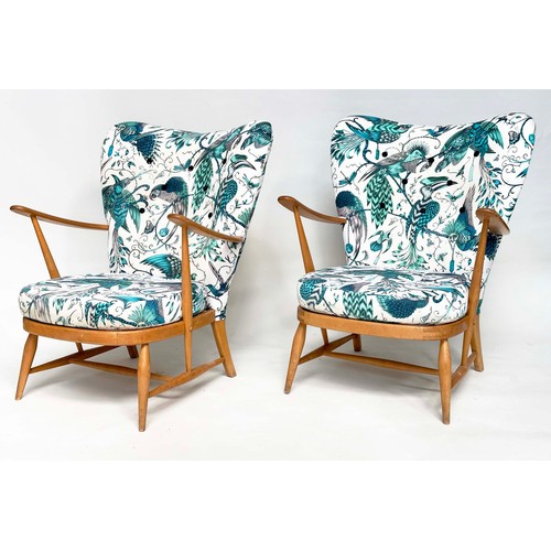 274 - ERCOL ARMCHAIRS, a pair, 1960s solid elm framed, later with jade green Birds of Paradise printed uph... 