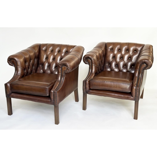 238 - LIBRARY ARMCHAIRS, a pair, Georgian style mahogany with deep button soft natural antique brown leath... 