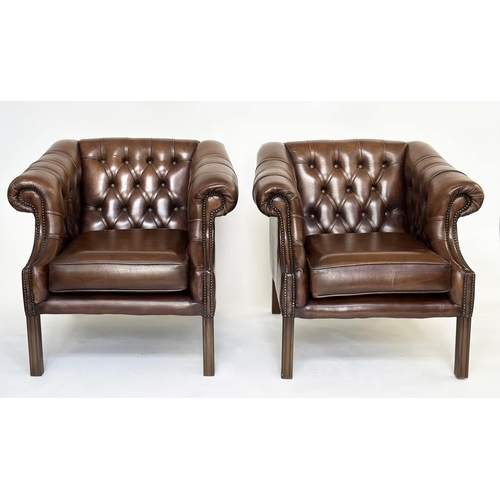 238 - LIBRARY ARMCHAIRS, a pair, Georgian style mahogany with deep button soft natural antique brown leath... 