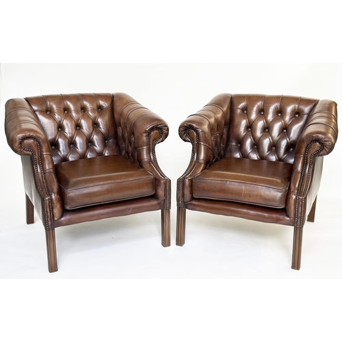 238 - LIBRARY ARMCHAIRS, a pair, Georgian style mahogany with deep button soft natural antique brown leath... 