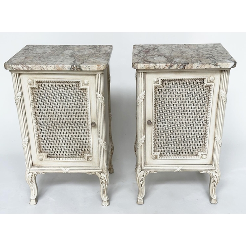 242 - TABLES DE NUIT, a pair, French traditional style grey painted, each with cane panelled door, reeded ... 