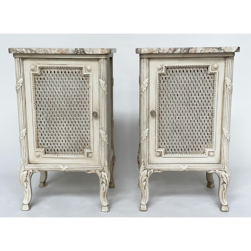 242 - TABLES DE NUIT, a pair, French traditional style grey painted, each with cane panelled door, reeded ... 