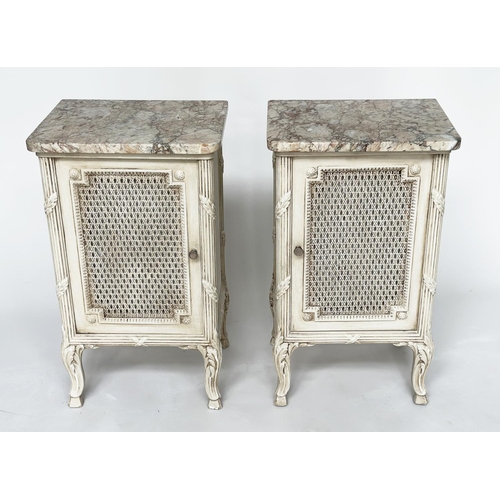 242 - TABLES DE NUIT, a pair, French traditional style grey painted, each with cane panelled door, reeded ... 