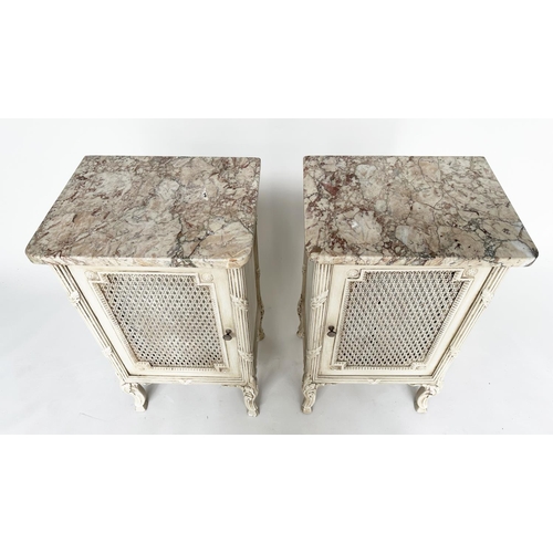 242 - TABLES DE NUIT, a pair, French traditional style grey painted, each with cane panelled door, reeded ... 