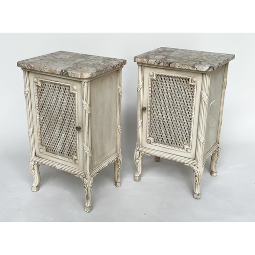 242 - TABLES DE NUIT, a pair, French traditional style grey painted, each with cane panelled door, reeded ... 