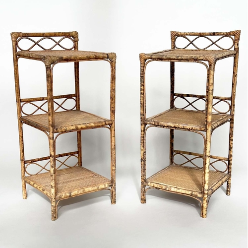 244 - SIDE TABLES, a pair, bamboo framed wicker panelled and cane bound, each with upstand and three tiers... 