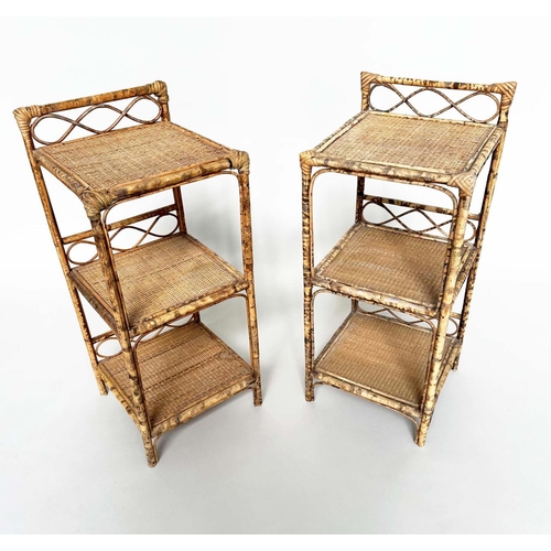 244 - SIDE TABLES, a pair, bamboo framed wicker panelled and cane bound, each with upstand and three tiers... 