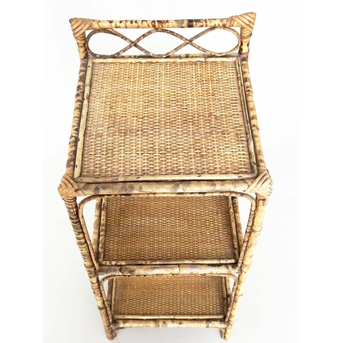 244 - SIDE TABLES, a pair, bamboo framed wicker panelled and cane bound, each with upstand and three tiers... 