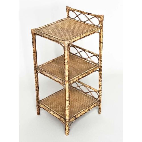 244 - SIDE TABLES, a pair, bamboo framed wicker panelled and cane bound, each with upstand and three tiers... 