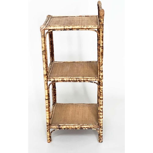 244 - SIDE TABLES, a pair, bamboo framed wicker panelled and cane bound, each with upstand and three tiers... 