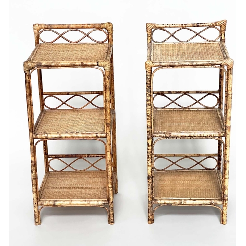 244 - SIDE TABLES, a pair, bamboo framed wicker panelled and cane bound, each with upstand and three tiers... 