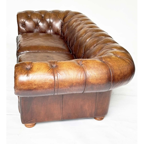 233 - CHESTERFIELD SOFA, Victorian style natural soft antique hand finished tan brown leather with deep bu... 