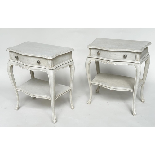 234 - LAMP TABLES, a pair, French Louis XV style grey painted each with drawer and undertier, 50cm x 30cm ... 