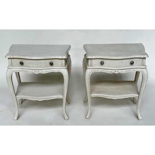 234 - LAMP TABLES, a pair, French Louis XV style grey painted each with drawer and undertier, 50cm x 30cm ... 