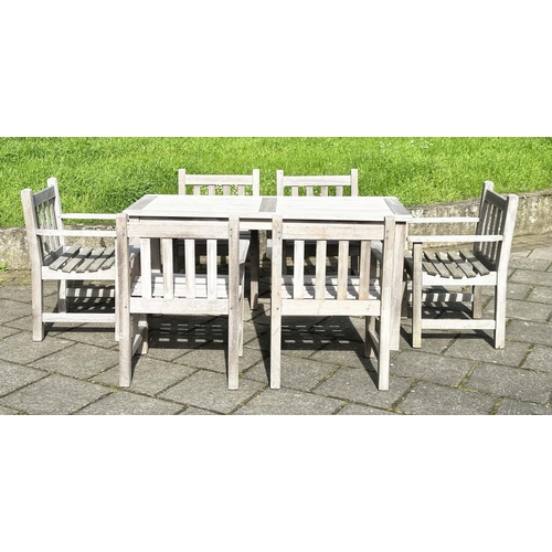 235 - GARDEN TABLE AND CHAIRS, silvery weather slatted teak rectangular, 75cm H x 155cm W 70cm D, with six... 