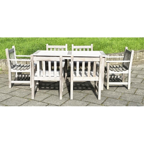 235 - GARDEN TABLE AND CHAIRS, silvery weather slatted teak rectangular, 75cm H x 155cm W 70cm D, with six... 