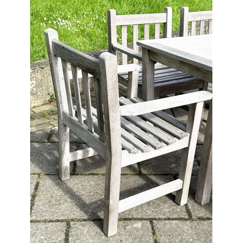 235 - GARDEN TABLE AND CHAIRS, silvery weather slatted teak rectangular, 75cm H x 155cm W 70cm D, with six... 