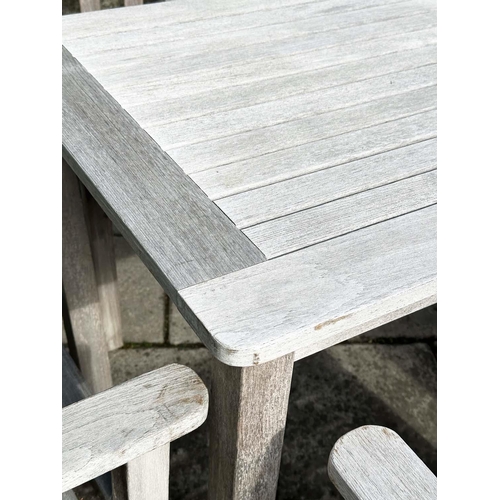 235 - GARDEN TABLE AND CHAIRS, silvery weather slatted teak rectangular, 75cm H x 155cm W 70cm D, with six... 