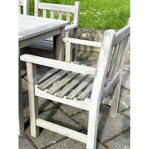 235 - GARDEN TABLE AND CHAIRS, silvery weather slatted teak rectangular, 75cm H x 155cm W 70cm D, with six... 