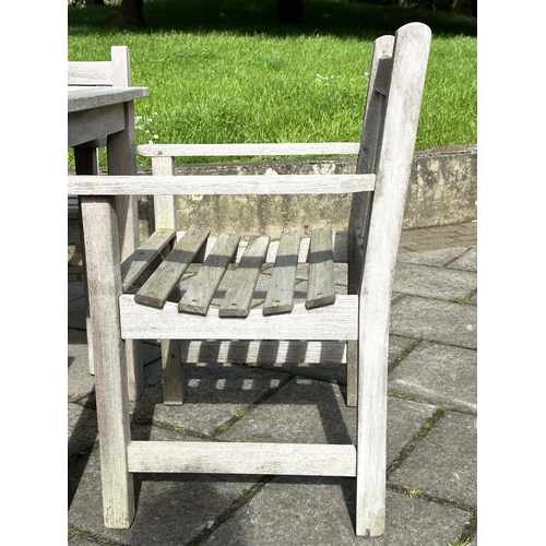 235 - GARDEN TABLE AND CHAIRS, silvery weather slatted teak rectangular, 75cm H x 155cm W 70cm D, with six... 