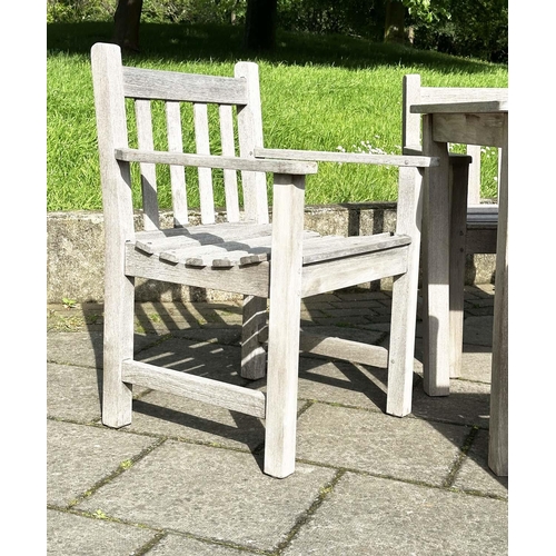 235 - GARDEN TABLE AND CHAIRS, silvery weather slatted teak rectangular, 75cm H x 155cm W 70cm D, with six... 