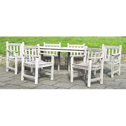 235 - GARDEN TABLE AND CHAIRS, silvery weather slatted teak rectangular, 75cm H x 155cm W 70cm D, with six... 