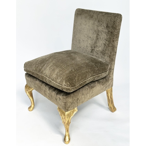 237 - GEORGE SMITH SIDE CHAIR, teal green cut velvet upholstery and hand leaf gilded supports, labelled Ge... 