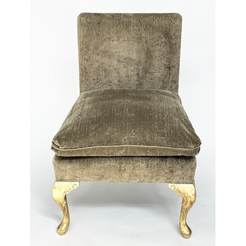 237 - GEORGE SMITH SIDE CHAIR, teal green cut velvet upholstery and hand leaf gilded supports, labelled Ge... 