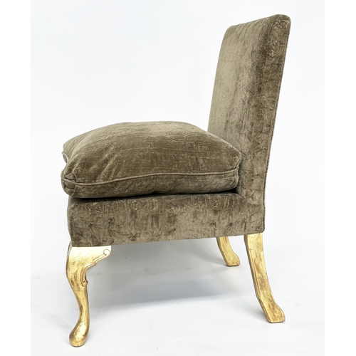 237 - GEORGE SMITH SIDE CHAIR, teal green cut velvet upholstery and hand leaf gilded supports, labelled Ge... 