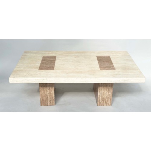 213 - TRAVERTINE LOW TABLE, 1970s two tone Italian travertine marble rectangular with twin block supports,... 