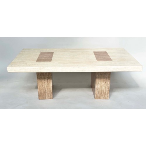 213 - TRAVERTINE LOW TABLE, 1970s two tone Italian travertine marble rectangular with twin block supports,... 