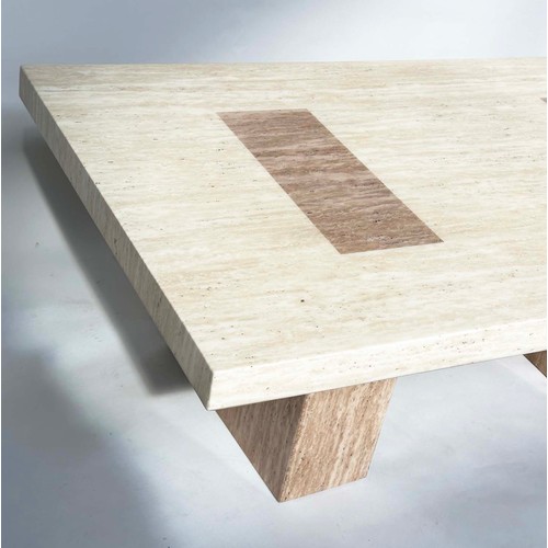 213 - TRAVERTINE LOW TABLE, 1970s two tone Italian travertine marble rectangular with twin block supports,... 