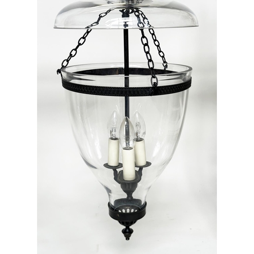 214 - VAUGHAN 'GLASS GLOBE' HALL LANTERNS, a pair, three light glass and bronzed metal, 52cm H. (2)