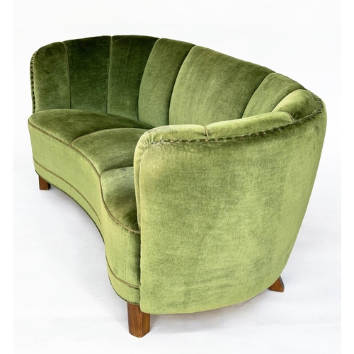 215 - DANISH SOFA, 1950s Danish 'Banana' sofa in moss green plush with teak supports, 177cm W.