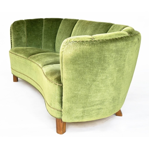 215 - DANISH SOFA, 1950s Danish 'Banana' sofa in moss green plush with teak supports, 177cm W.