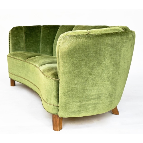 215 - DANISH SOFA, 1950s Danish 'Banana' sofa in moss green plush with teak supports, 177cm W.