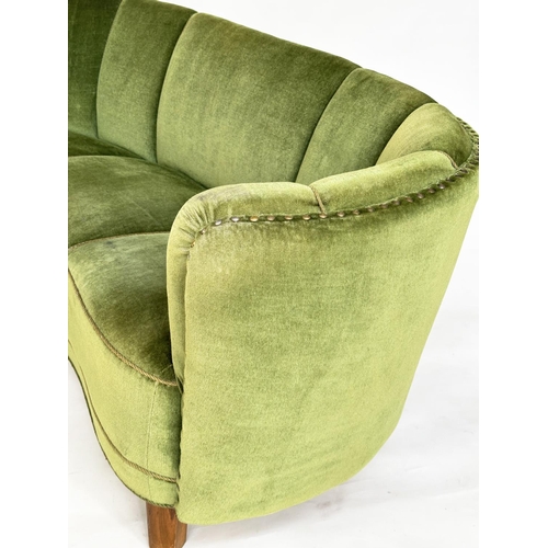 215 - DANISH SOFA, 1950s Danish 'Banana' sofa in moss green plush with teak supports, 177cm W.