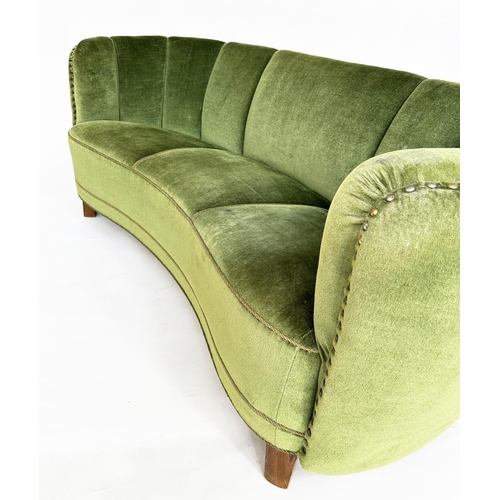 215 - DANISH SOFA, 1950s Danish 'Banana' sofa in moss green plush with teak supports, 177cm W.