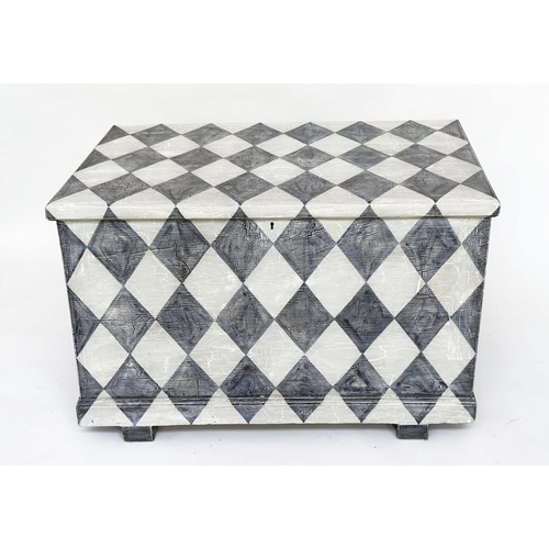 216 - HARLEQUIN TRUNK, 19th century craquelure and 'diamond' hand painted with rising lid, 99cm W x 62cm D... 