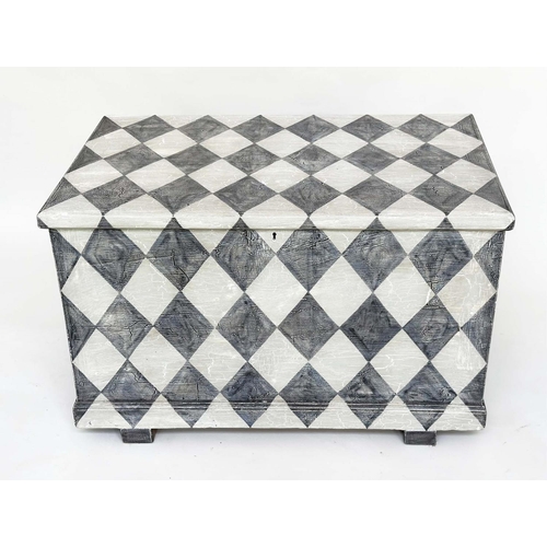 216 - HARLEQUIN TRUNK, 19th century craquelure and 'diamond' hand painted with rising lid, 99cm W x 62cm D... 