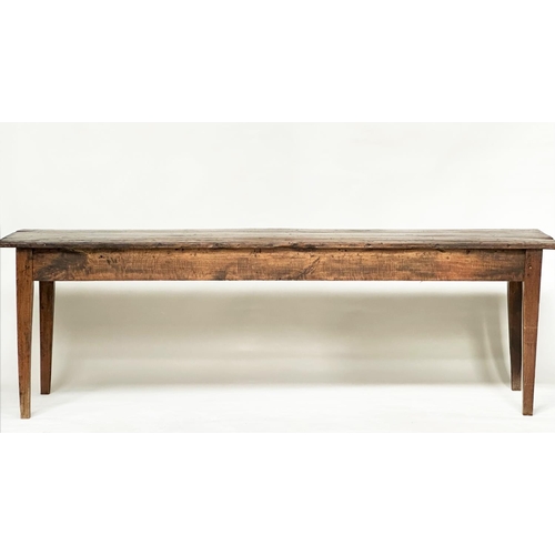 217 - HARVEST/DINING TABLE, 19th century French fruitwood, planked with square tapering supports, 234cm W ... 