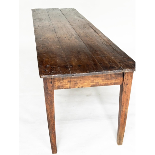 217 - HARVEST/DINING TABLE, 19th century French fruitwood, planked with square tapering supports, 234cm W ... 