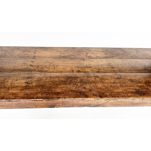 217 - HARVEST/DINING TABLE, 19th century French fruitwood, planked with square tapering supports, 234cm W ... 