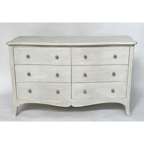 218 - LOW CHEST, French design traditionally grey painted with six drawers and splay supports, 139cm W x 8... 