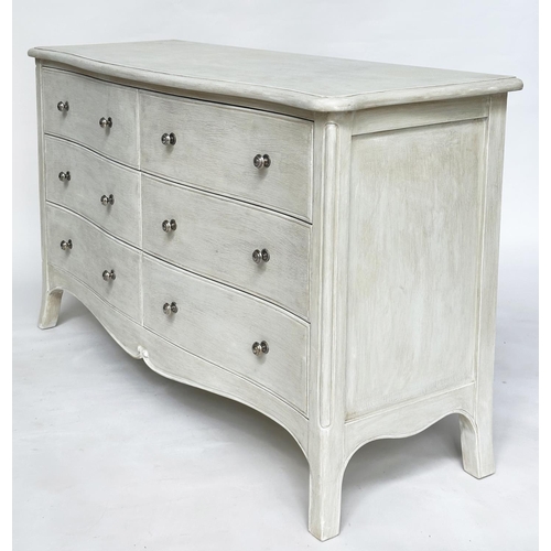 218 - LOW CHEST, French design traditionally grey painted with six drawers and splay supports, 139cm W x 8... 