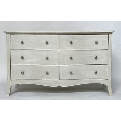 218 - LOW CHEST, French design traditionally grey painted with six drawers and splay supports, 139cm W x 8... 